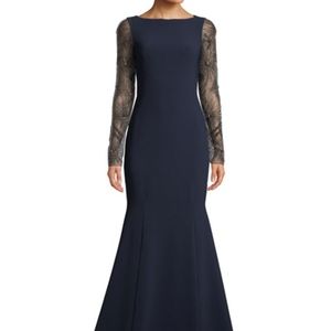 Theia Crepe Trumpet Gown with Beaded Sleeves.